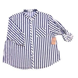 Eden & Olivia Women's 3X Blue & White Striped Roll Tab‎ Sleeve Shirt Top